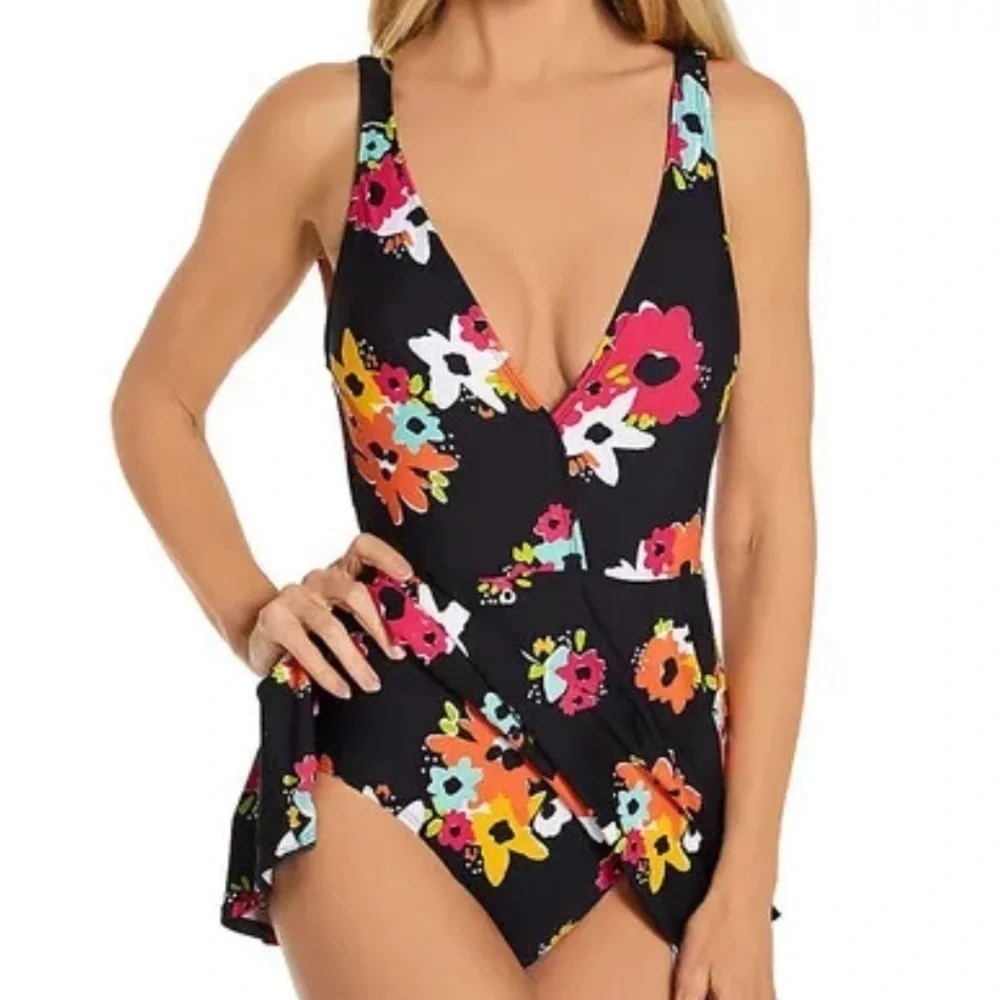 Anne Cole MULTI PRINT Island Bloom Plunge One Piece Swim Dress, US 8
